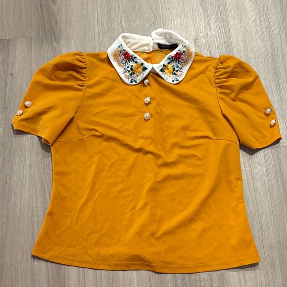 SHEIN Tops - Embroidered Collar Mustard Top